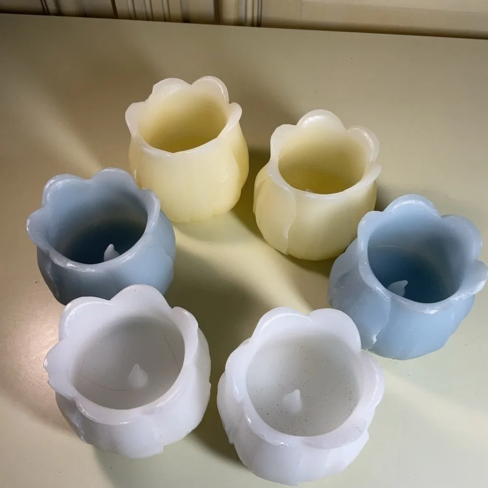 Set of 6 Tulip Flameless LED Tea Light Candles Pastel Blue White Yellow Spring